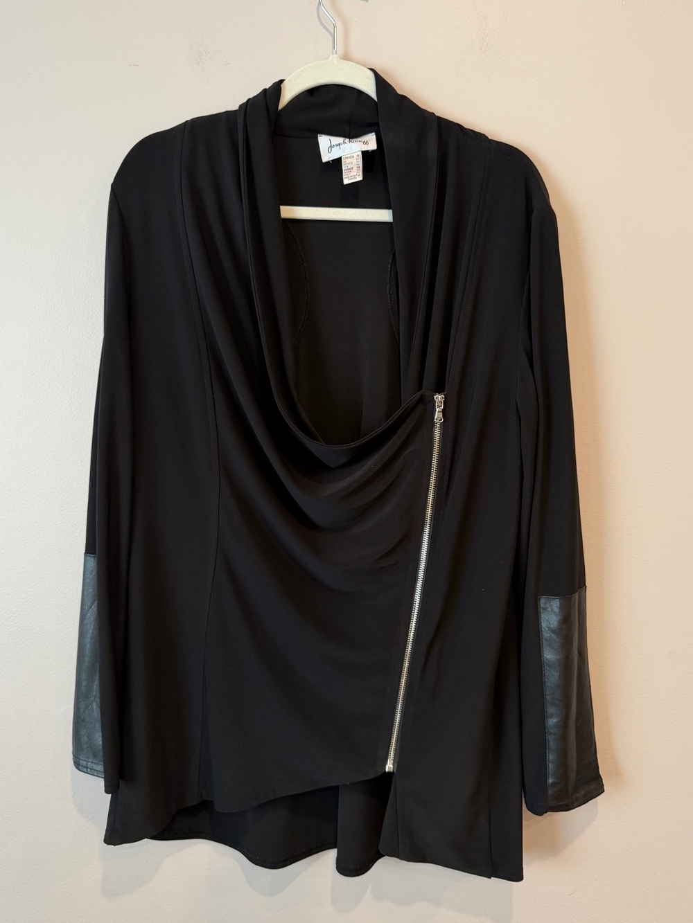 Joseph Ribkoff Asymmetrical Zip Cowl Neck Jacket Faux Leather Trim Black 18